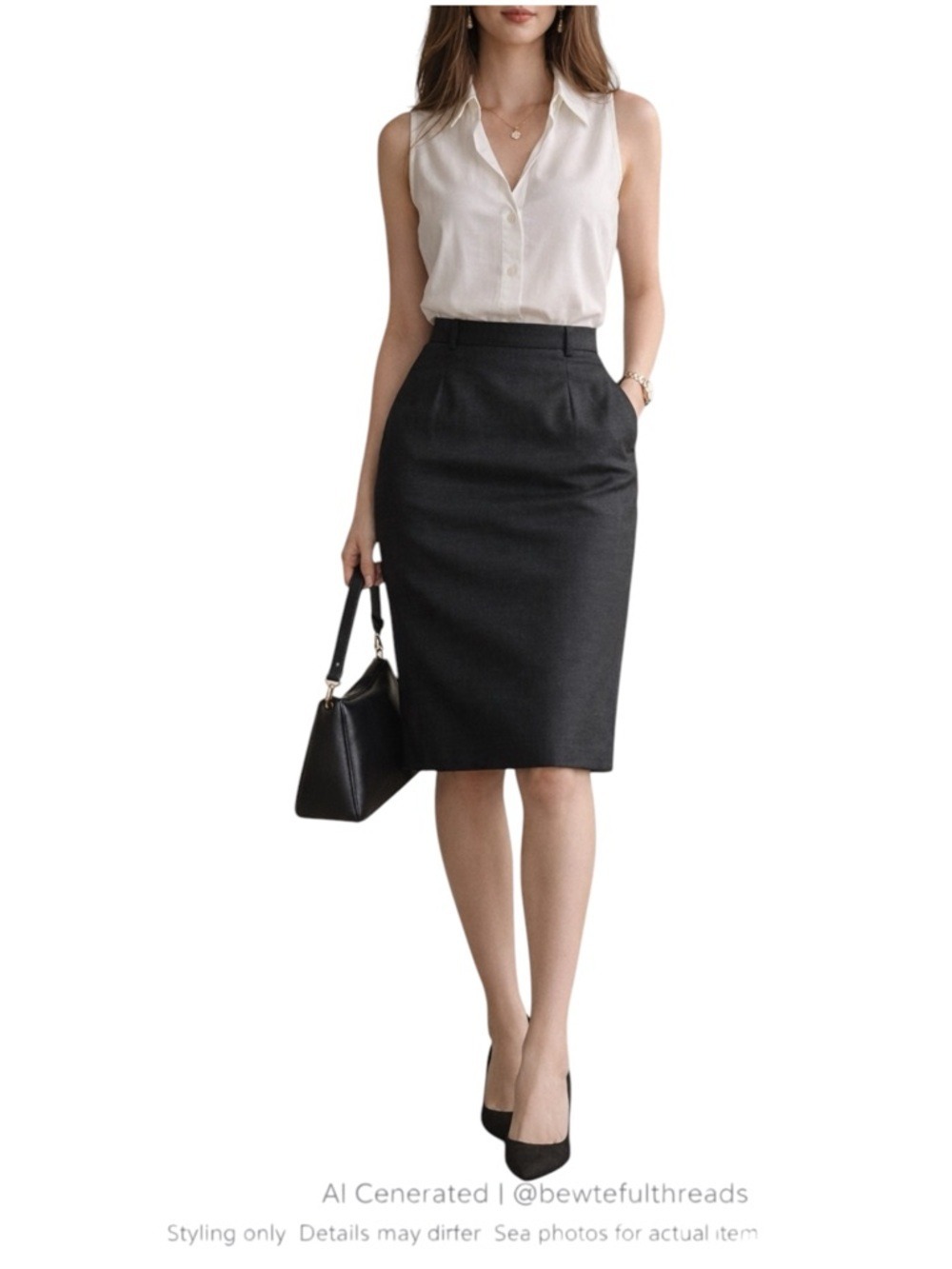 Black Linen Blend Pencil Skirt SZ 10 Minimalist Workwear Office Chic